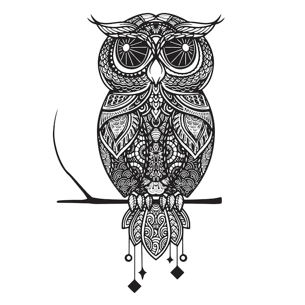 OWL Black white hand drawn doodle Ethnic patterned illustration African indian totem tribal design Sketch for adult coloring page