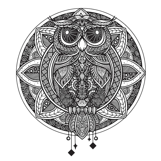 OWL and Black white hand drawn doodle Ethnic patterned illustrationColoring book for adult