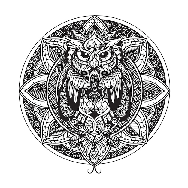 OWL and Black white hand drawn doodle Ethnic patterned illustrationColoring book for adult