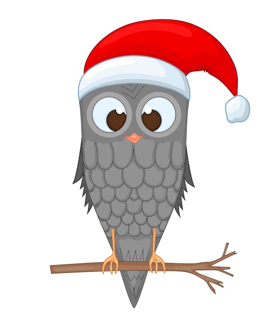 Owl on the branch in the Santa Claus hat postcard for the new year and Christmas Isolated objects bird on white background Template for text and congratulations