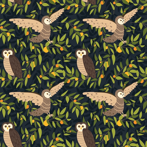 Owl on the branches of trees seamless pattern vector illustration