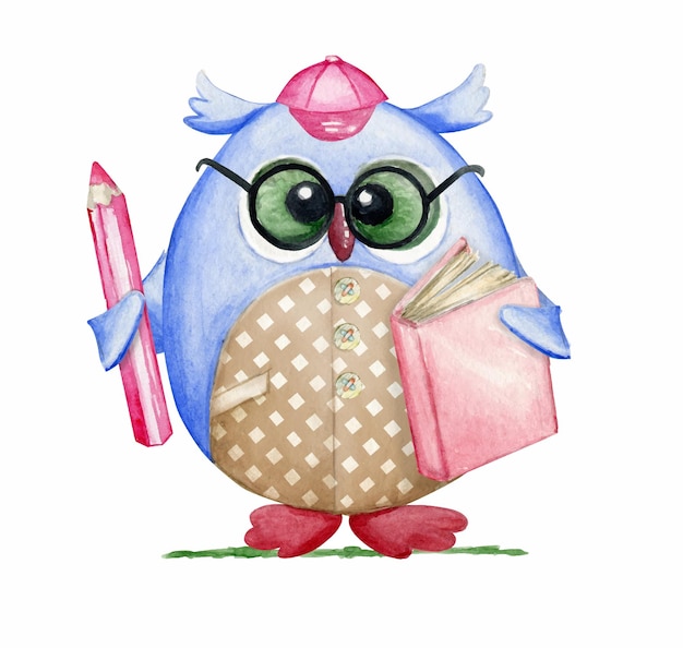 Vector owl cartoon style pencil book watercolor clipart on a school theme in a cartoon style