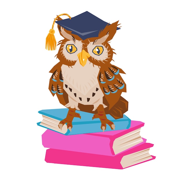 Owl character of student or professor sitting on books flat vector isolated