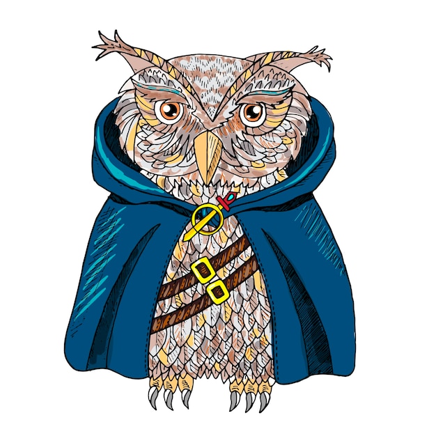 Owl in cloak modern original print Hand drawn vector illustration