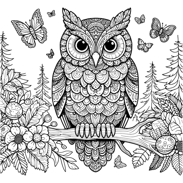 Owl coloring page vector carton illustration