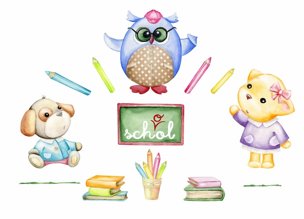 Vector owl, dog, cat, books, glass, pencils. watercolor set, cute animals, in cartoon style