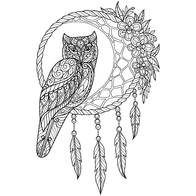 Owl and dream catcher hand drawn for adult coloring book