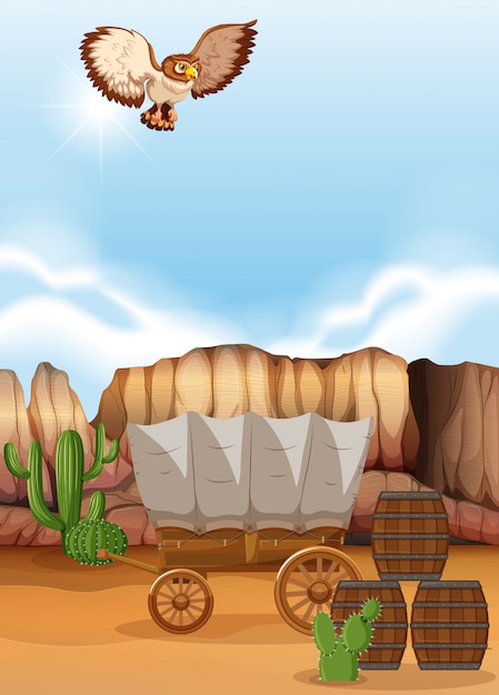 Owl flying over the wagon in desert