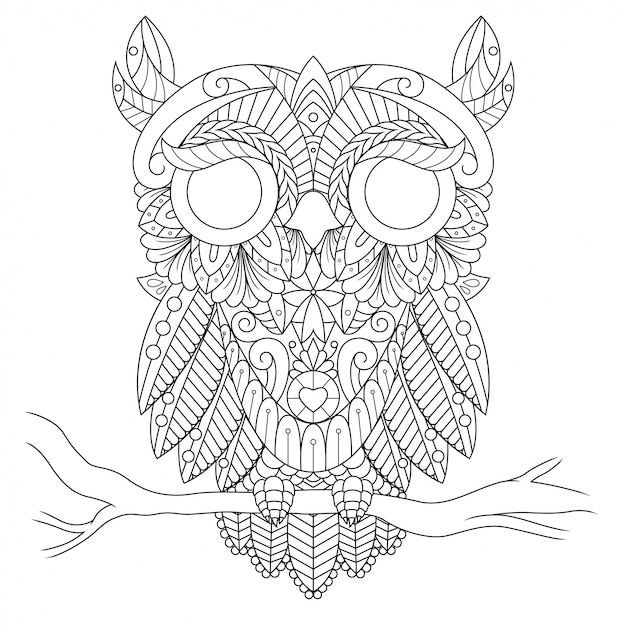 Owl illustration, mandala zentangle in lineal style coloring book