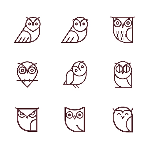 Owl linear illustration vector set