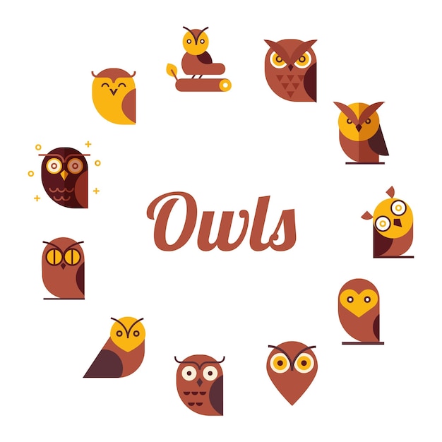 Owl linear illustration vector set