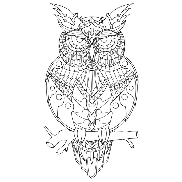 Vector owl mandala zentangle illustration in lineal style coloring book