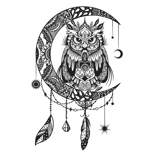 Owl and moon Hand drawn sketch illustration for adult coloring book