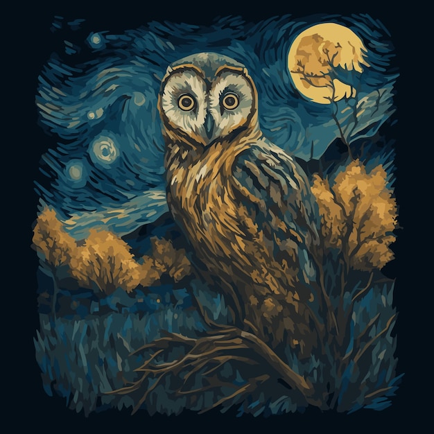 An owl in the night forest. Imitation of Vincent van Gogh's style painting.