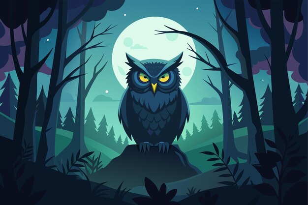 Vector owl perched on a rock under a full moon in the forest a dark and mystical illustration