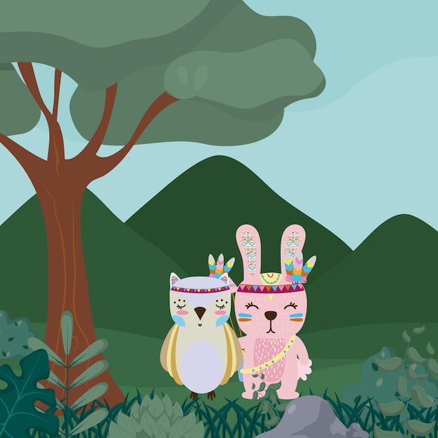 Owl and rabbit in the forest cute cartoon 