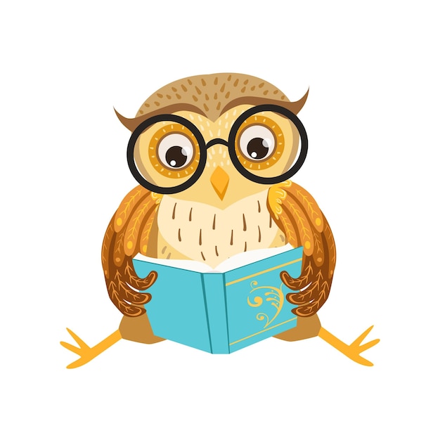 Owl Reading The Book Cute Cartoon Character Emoji With Forest Bird Showing Human Emotions And Behavior