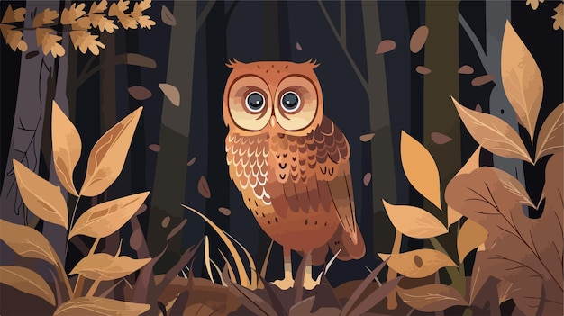 Vector an owl sits in a forest with leaves and plants