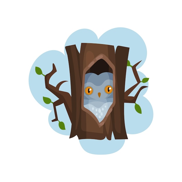 Owl sitting in hollow of tree hollowed out old tree and bird inside vector Illustration on a white background