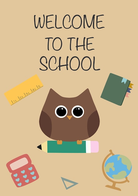 An owl sitting on a pencil.Around the textbook, ruler, calculator, globe.Poster, postcard with the