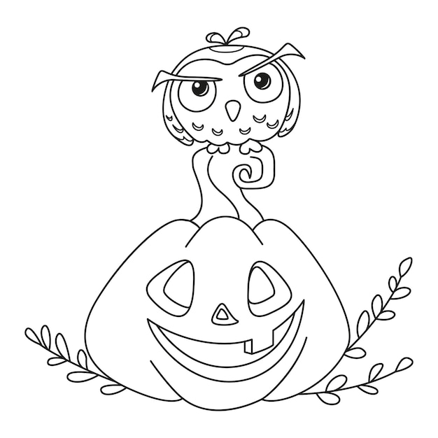 Owl sitting on pumpkin for Halloween coloring page. Outline cartoon vector illustration