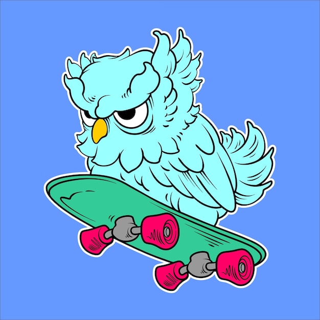 owl skater illustration in cartoon style