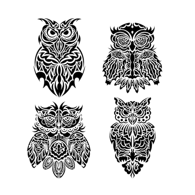 Owl tattoo set isolated on white background Vector illustration