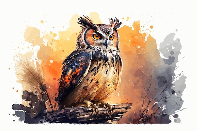 Owl watercolor portrait bright colors predator feather painting nature beak cute symbol of wisdom eyes tree rodent hunting graphics charming bird concept vector illustration