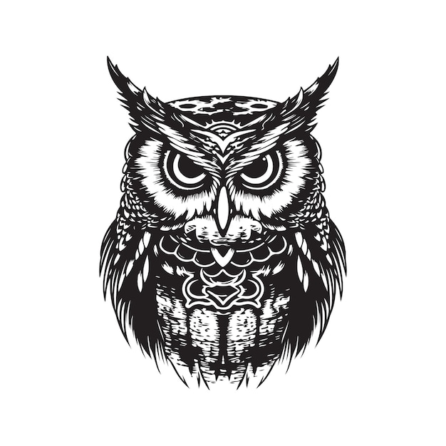 Owl wearing indian chief accessories logo concept black and white color hand drawn illustration