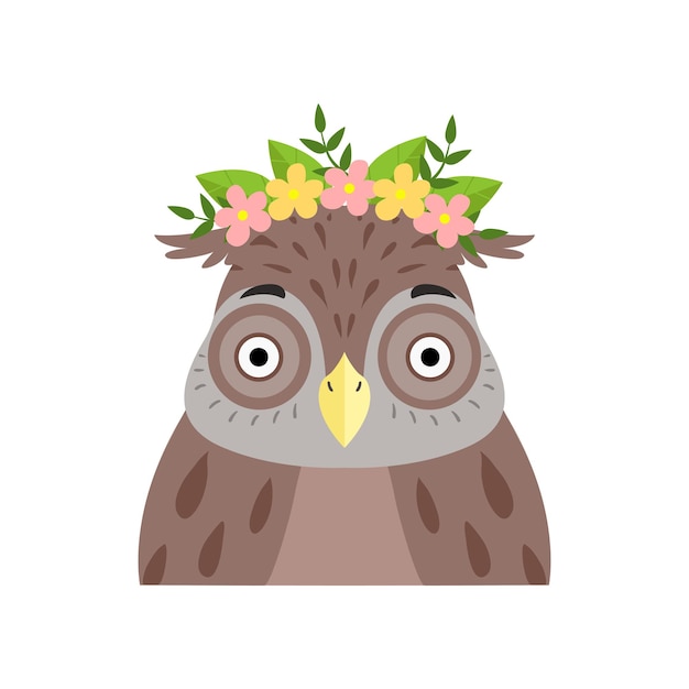 Owl wearing a wreath of flowers cute cartoon bird character avatar vector Illustration isolated on a white background