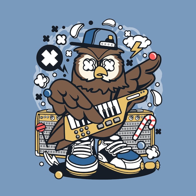 an owl with a blue cap on a skateboard with a sticker on it