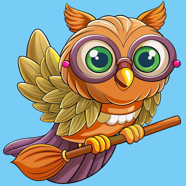 Vector owl with a broomstick