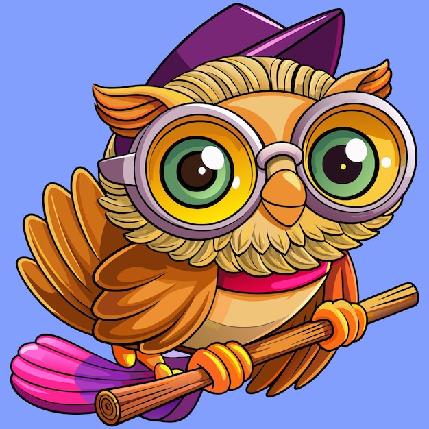 Vector owl with a broomstick