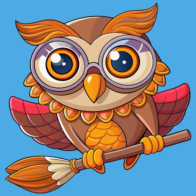 Vector owl with a broomstick