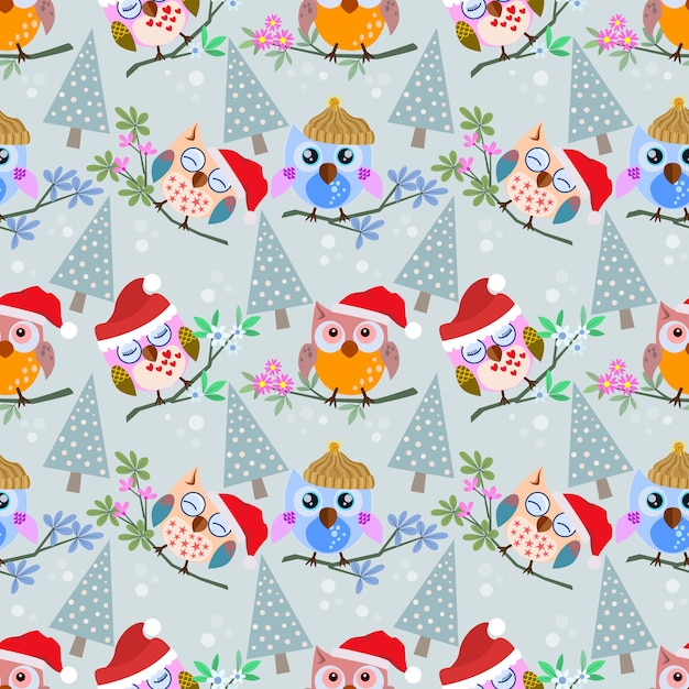 Owl with christmas hat and tree on branch pattern.