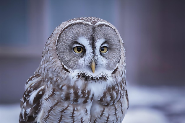 a owl with yellow eyes and a brown and white head