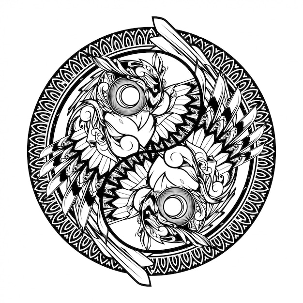 Owl yin yang doodle ornament illustration and tshirt design