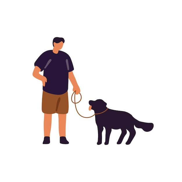 Owner holds leash in hand leads puppy Man walks his fluffy doggy Pet sitter strolls dog People spend time with domestic animal outdoor Flat isolated vector illustration on white background