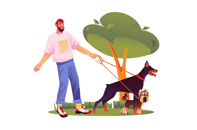 Owner with pets concept with people scene in flat design vector illustration