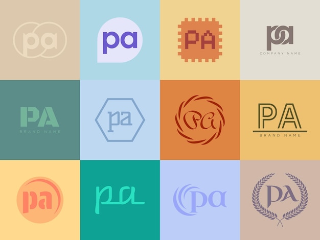 PA logo company template Letter p and a logotype Set different classic serif lettering and modern bold text with design elements Initial font typography