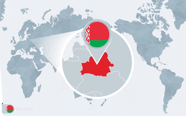 Pacific Centered World map with magnified Belarus. Flag and map of Belarus.