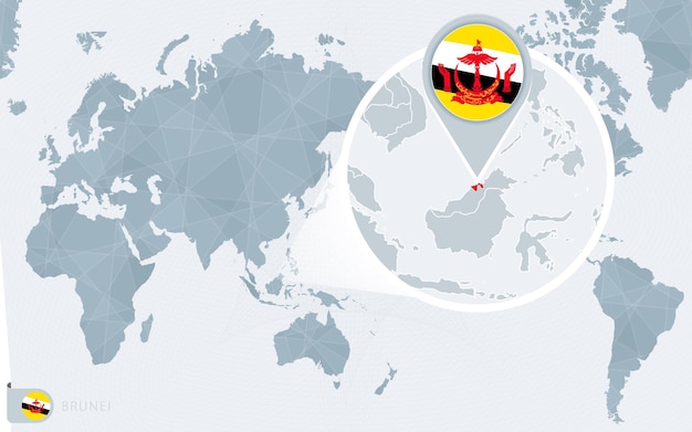 Pacific Centered World map with magnified Brunei. Flag and map of Brunei.