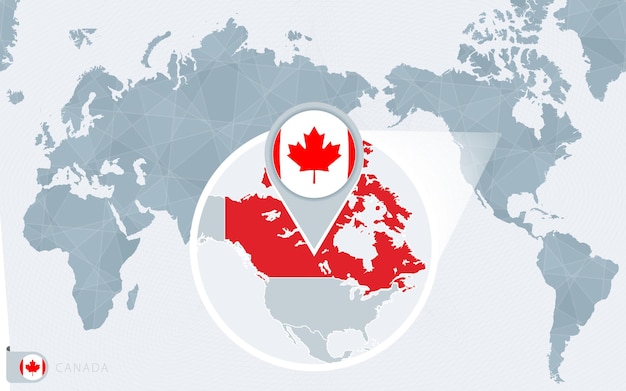 Pacific Centered World map with magnified Canada. Flag and map of Canada.