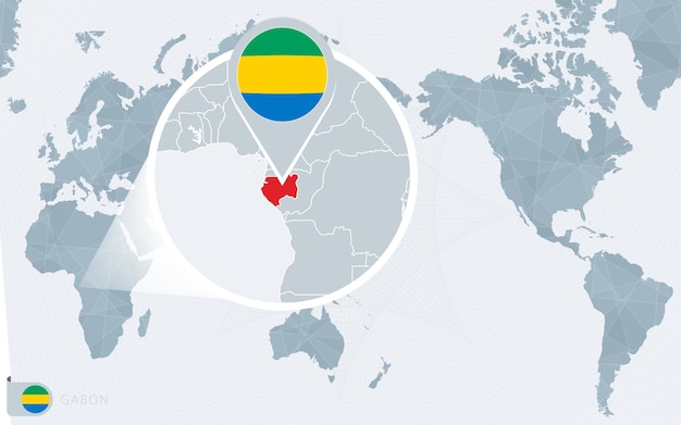 Pacific Centered World map with magnified Gabon. Flag and map of Gabon.