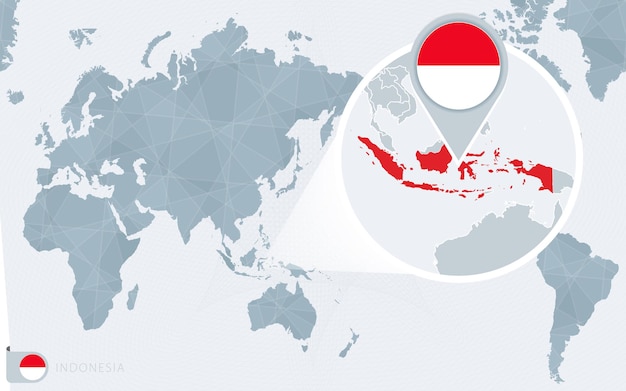 Pacific Centered World map with magnified Indonesia. Flag and map of Indonesia.