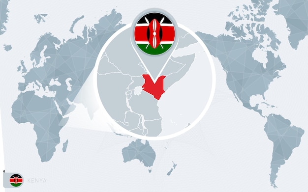 Pacific Centered World map with magnified Kenya. Flag and map of Kenya.