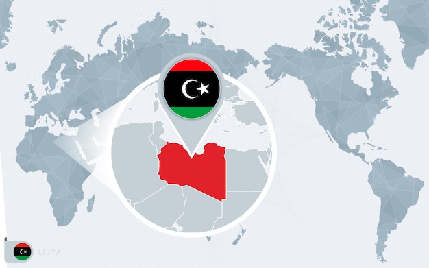 Pacific Centered World map with magnified Libya. Flag and map of Libya.