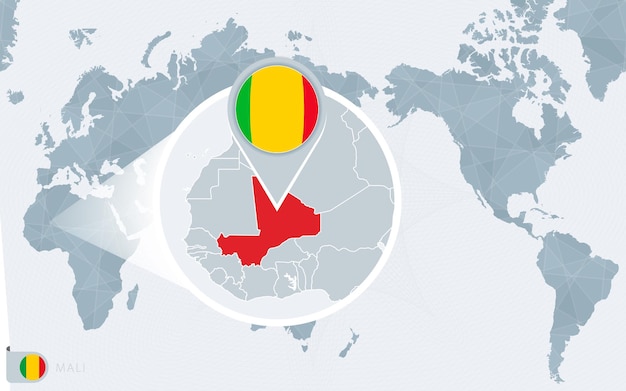 Pacific Centered World map with magnified Mali. Flag and map of Mali.