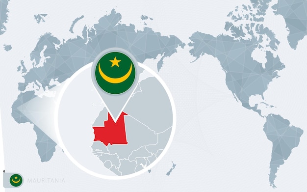 Pacific Centered World map with magnified Mauritania. Flag and map of Mauritania.