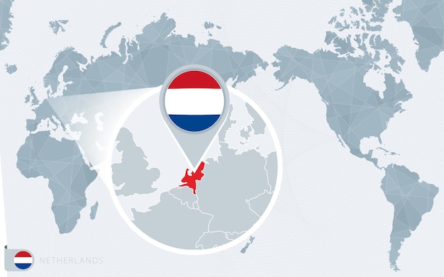 Pacific Centered World map with magnified Netherlands. Flag and map of Netherlands.